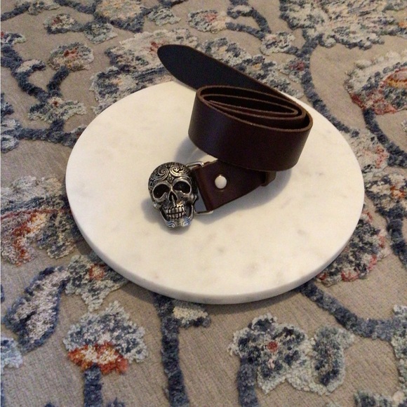 Skull Buckle Brown Genuine  Leather Belt Sz L-XL - Picture 1 of 9